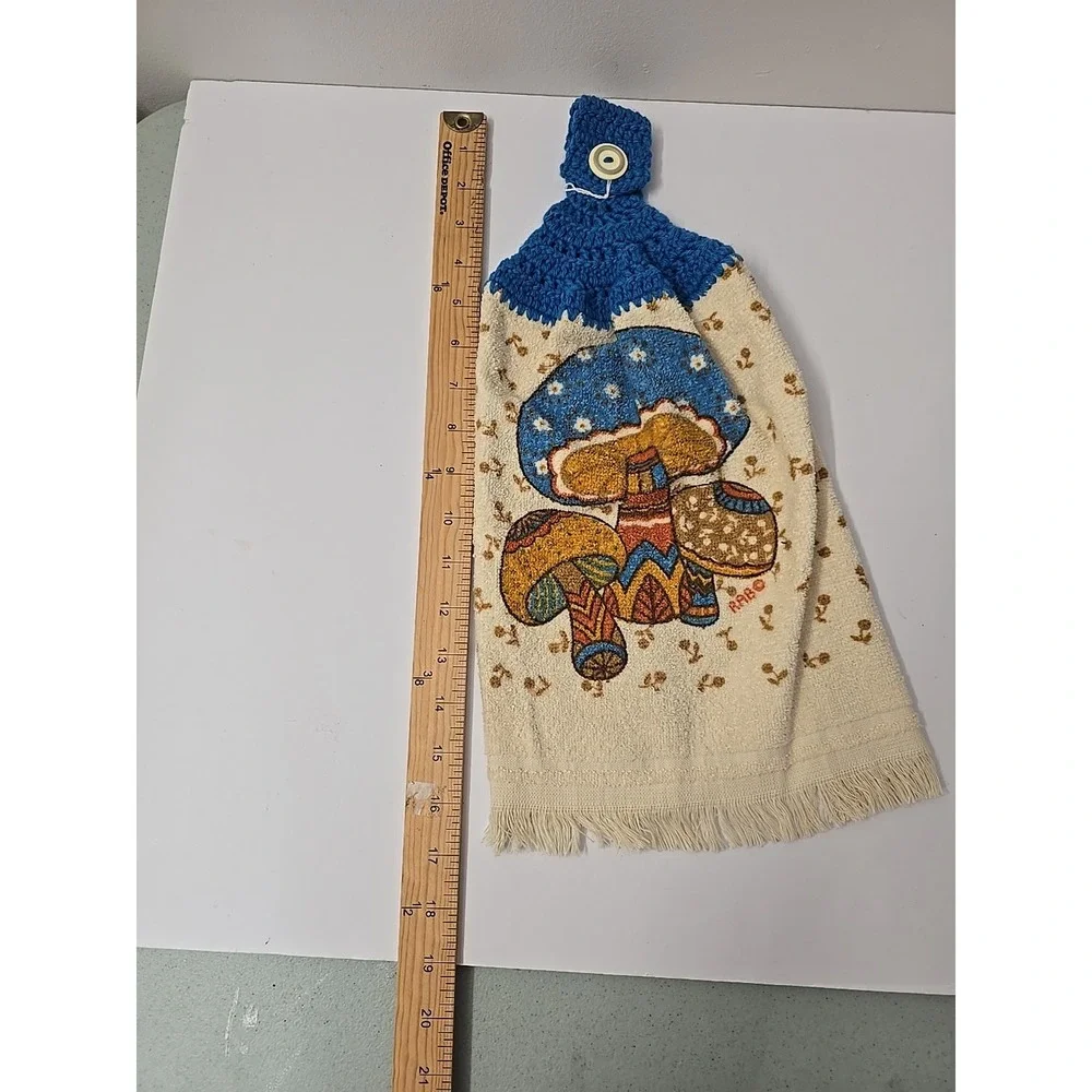 VTG Mushroom RAB Blue Crochet Hanging Dish Towel READ